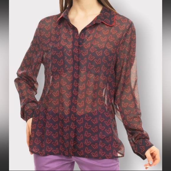 BLUGIRL FOLIES, Sheer Button Down Blouse with Butterfly Pattern, Size 10 - Picture 3 of 16